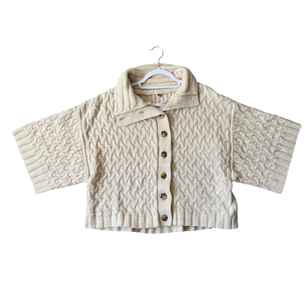 Free People Mae Cable Knit Cardigan Sweater - Tan Size M Boho Cozy Chic Neutral - Picture 7 of 14